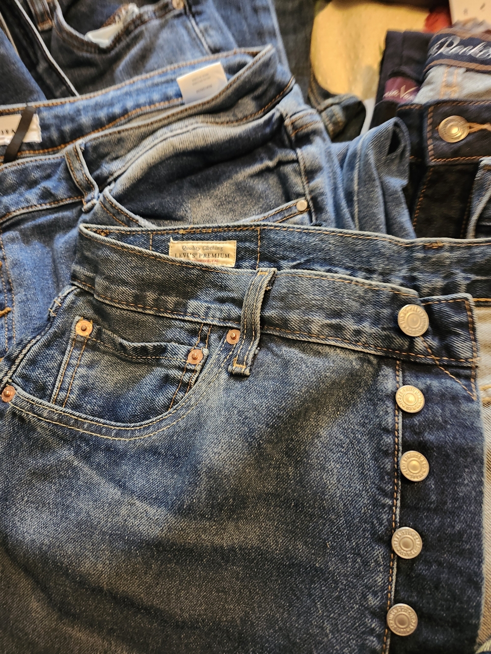 2 For One Sale Levi's Dark Blue Denim Jeans with Signature Pocket Stitch, Faded